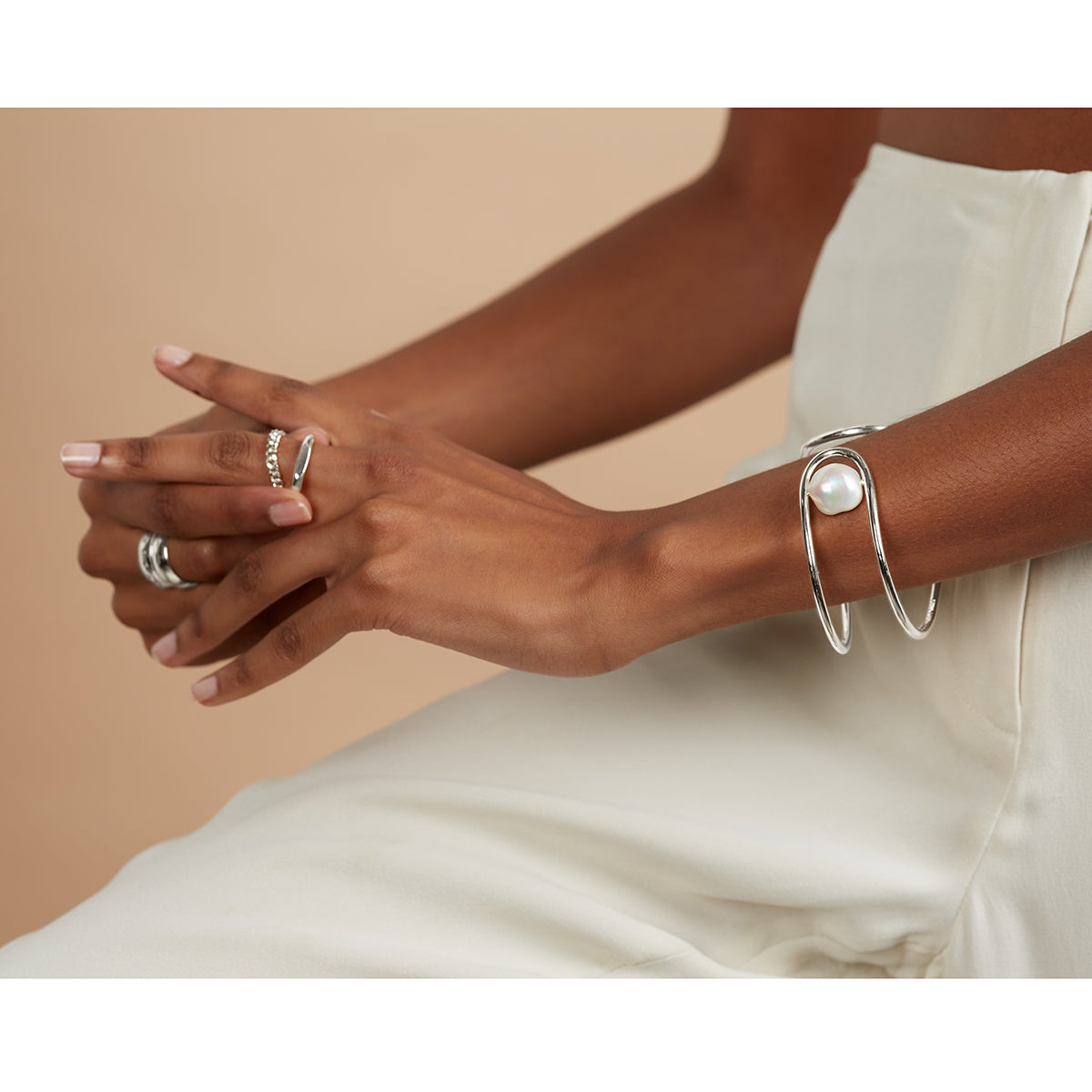 Pearl Swerve Cuff in Silver