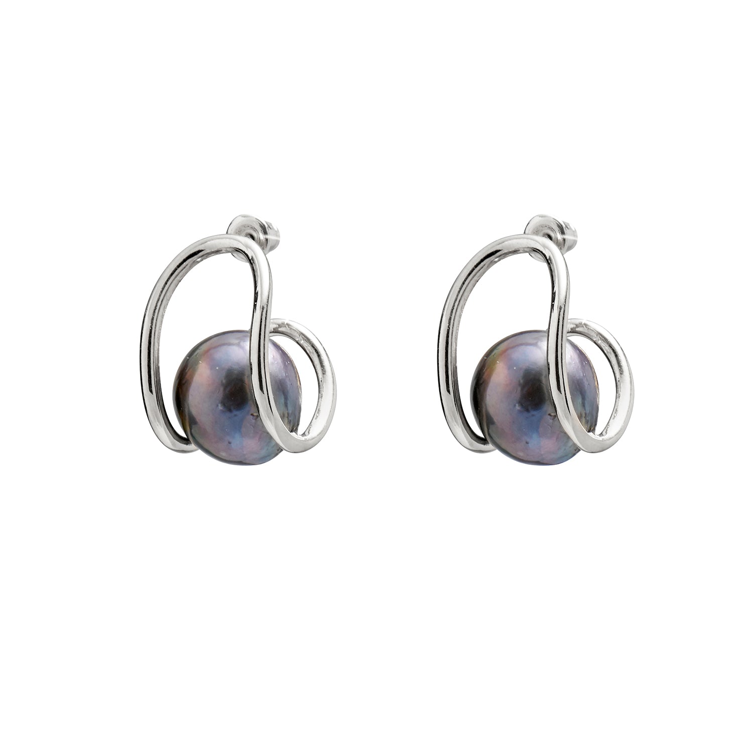 Black Pearl Swerve Earring in Silver